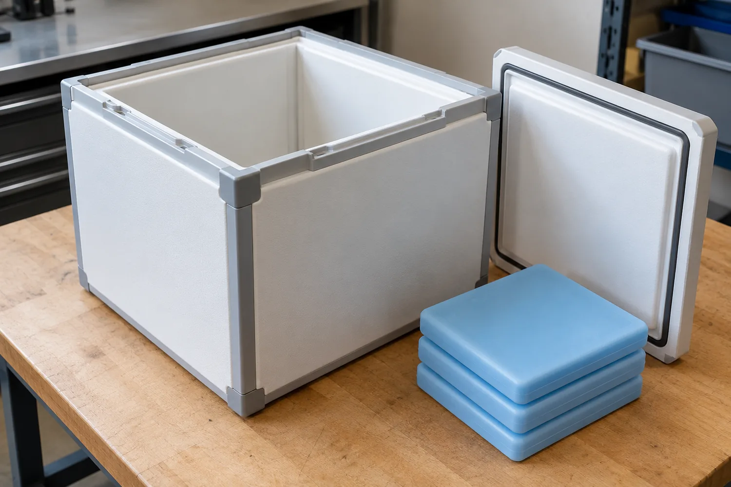 Open insulated shipper with its lid set aside and coolant panels on the bench