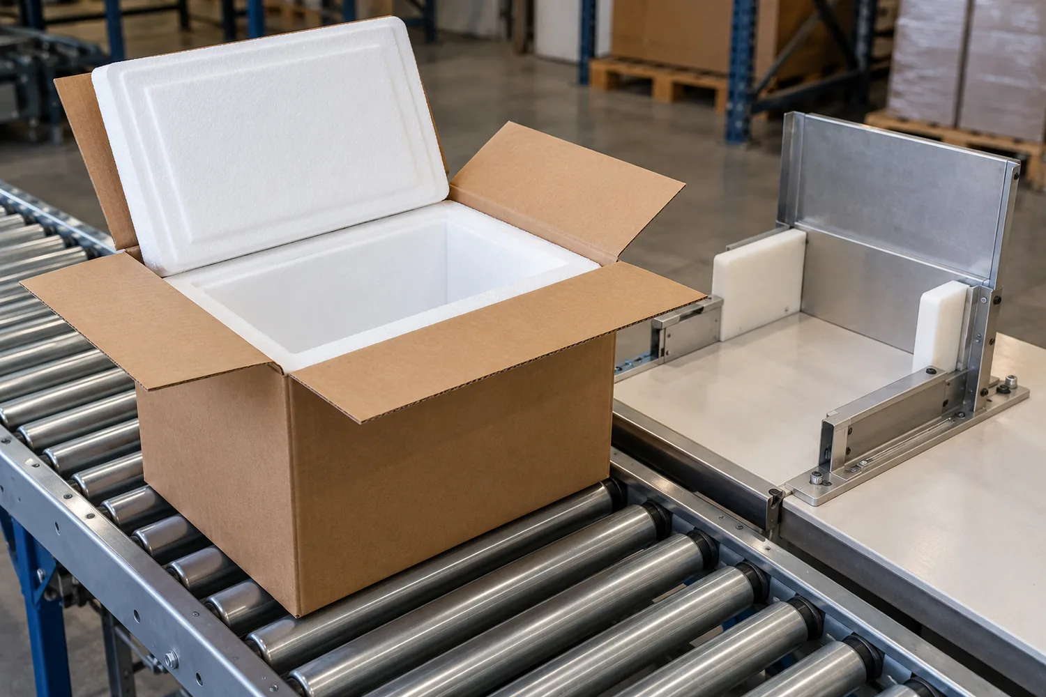 Open insulated carton on a roller conveyor beside a positioning fixture, with the inner lid and outer flaps still open