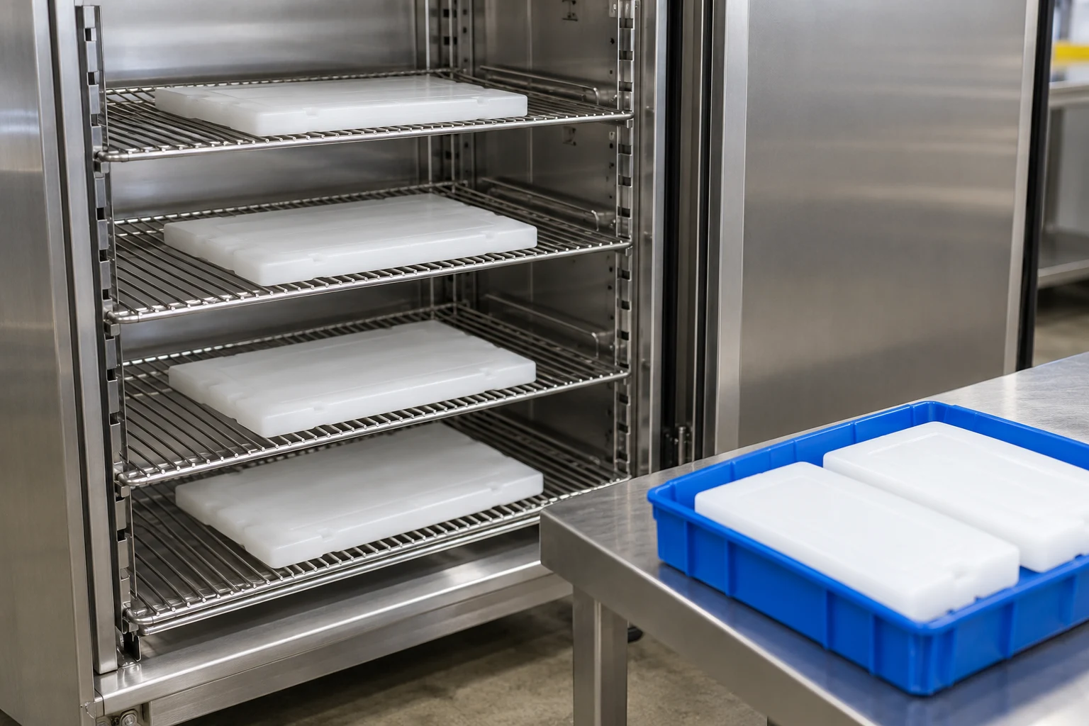 White coolant panels spaced on wire cabinet shelves with a separate blue staging tray on the adjacent bench