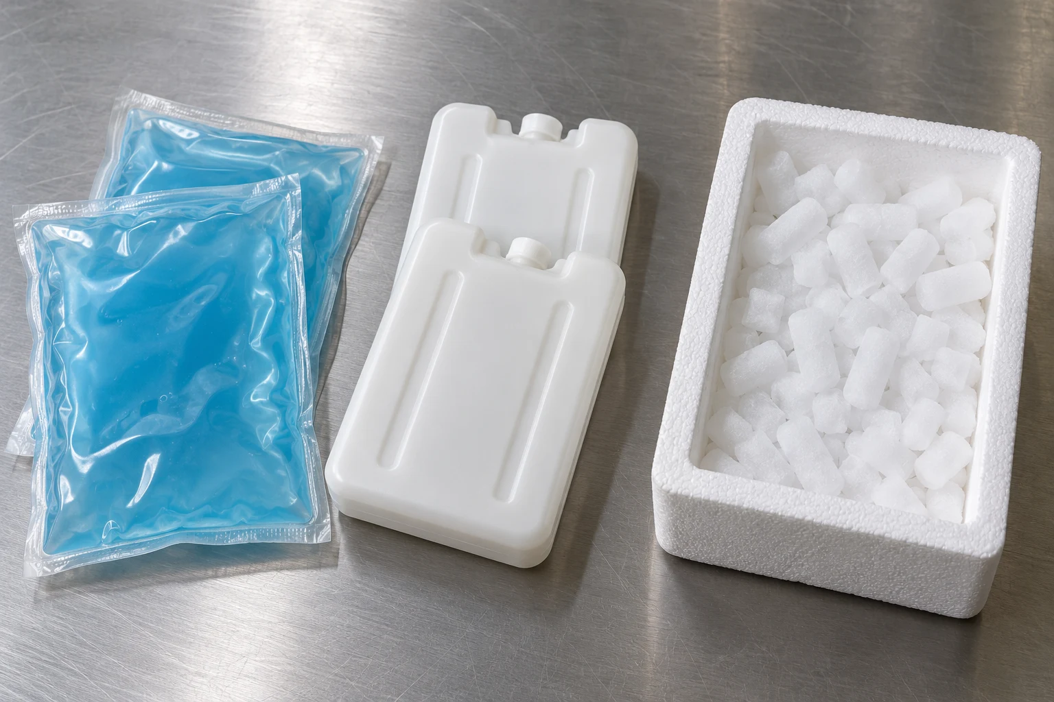 Flexible blue gel pouches, rigid white coolant panels and dry ice pellets in a separate open foam tray