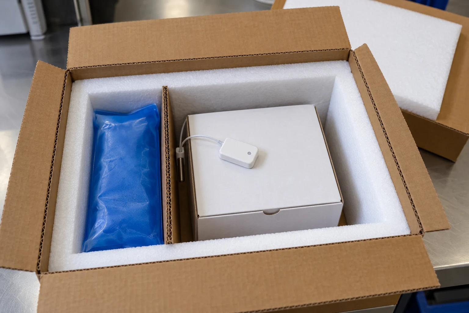 Open insulated carton with a blue coolant pouch behind a cardboard divider and a sensor beside the central payload carton