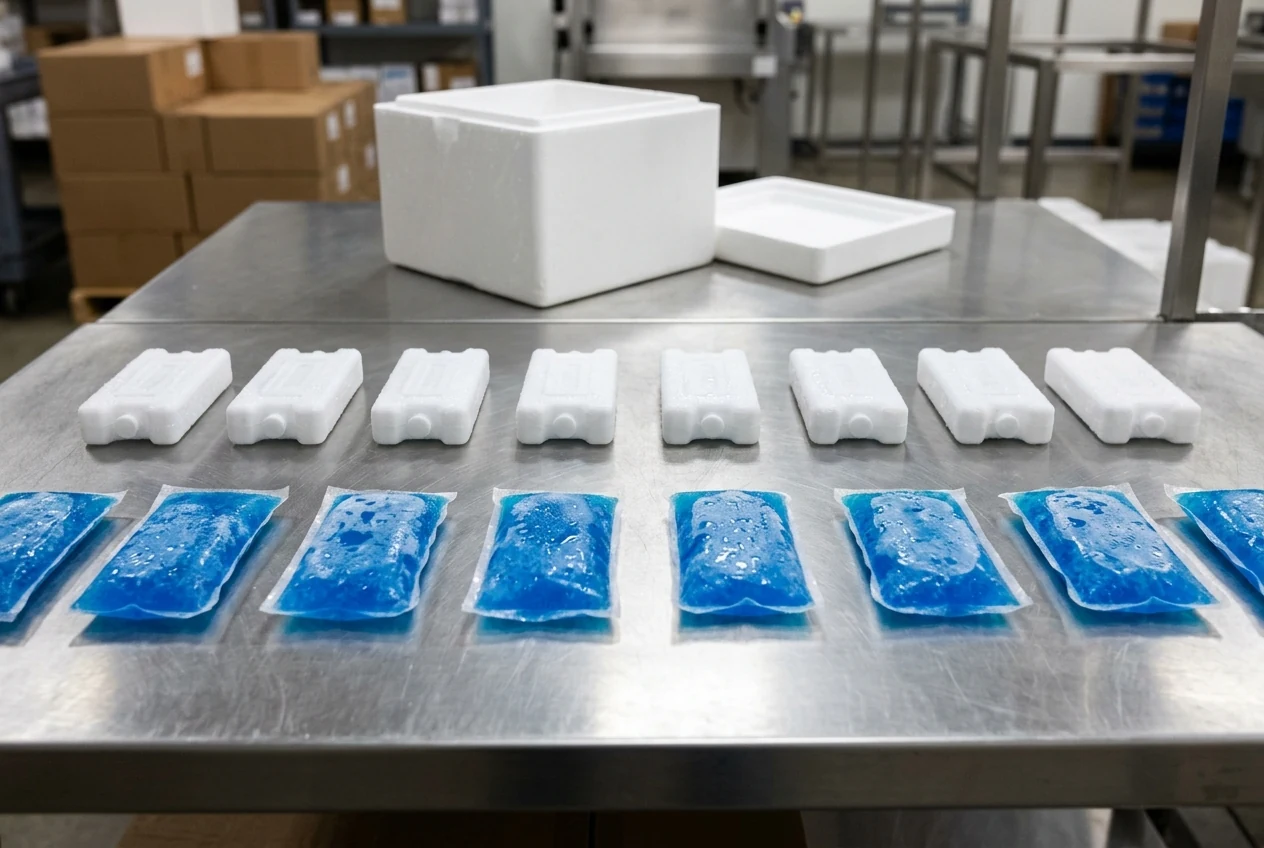 Unstacked white coolant bricks and blue gel pouches arranged in two spaced rows with surface condensation on a stainless steel table