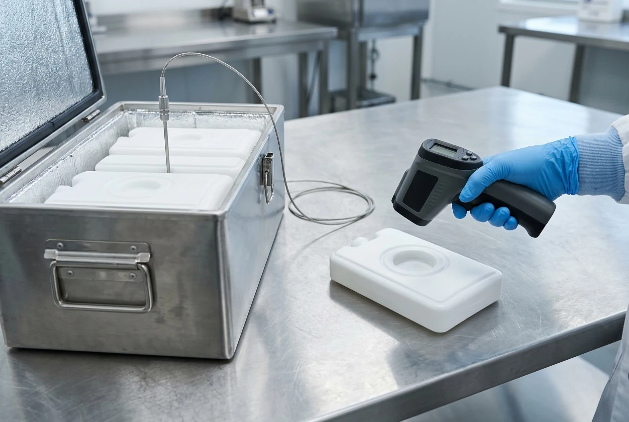 Thermocouple probe lead inserted into a white coolant pack in an open bin beside a rigid panel and handheld infrared thermometer