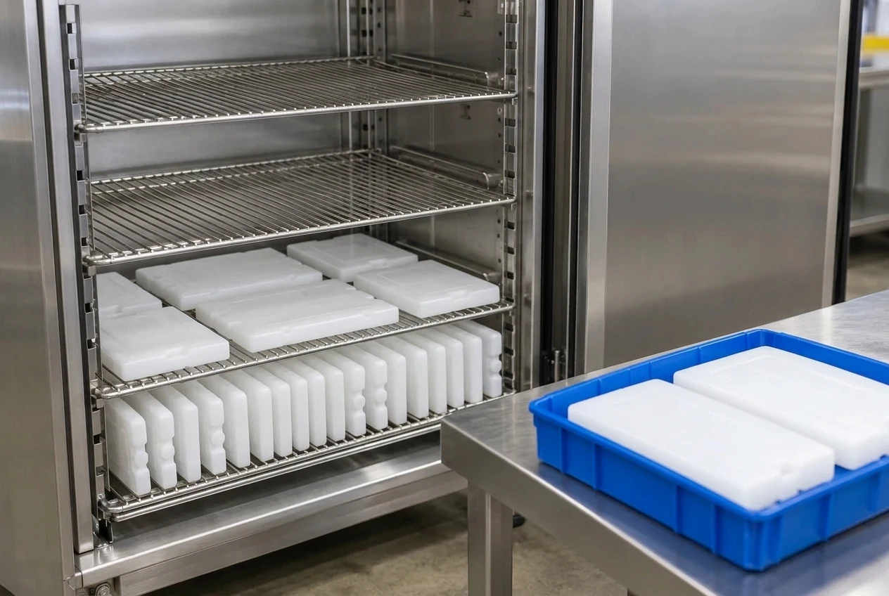 Open stainless freezer interior showing edge-arranged water-packs in a spaced row on the lower rack and flat-laid rigid panels on the upper wire shelf