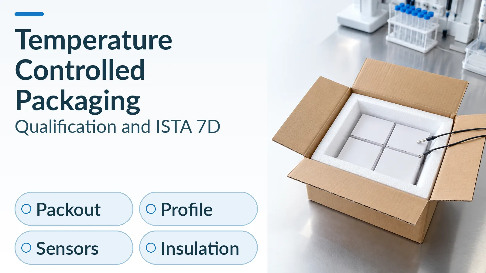 Insulated laboratory carton with payload and sensor leads beside the temperature controlled packaging guide title