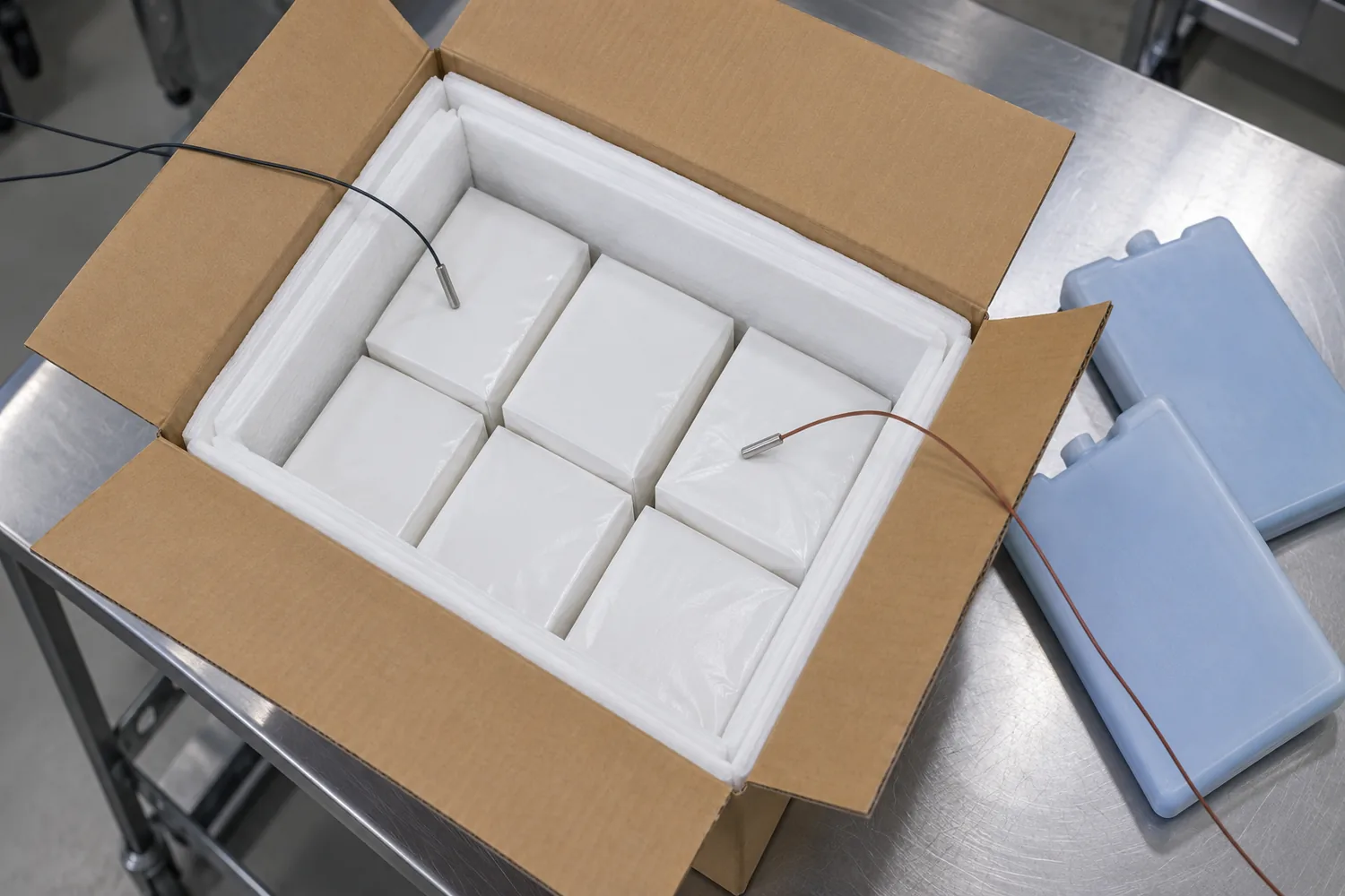 Two sensor leads reaching different payload positions inside an open insulated pack, with coolant panels nearby