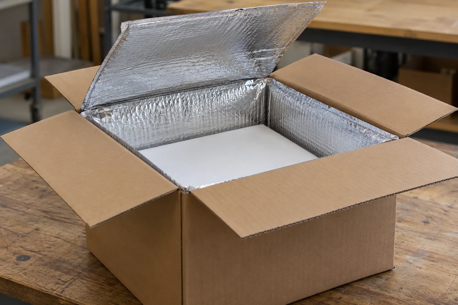 Reflective liner fitted in an open carton with the inner flap lifted and the outer flaps folded outward