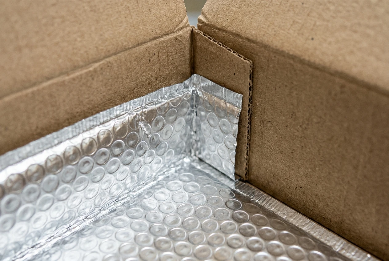 Reflective air-cell liner folded into the bottom corner of a corrugated carton