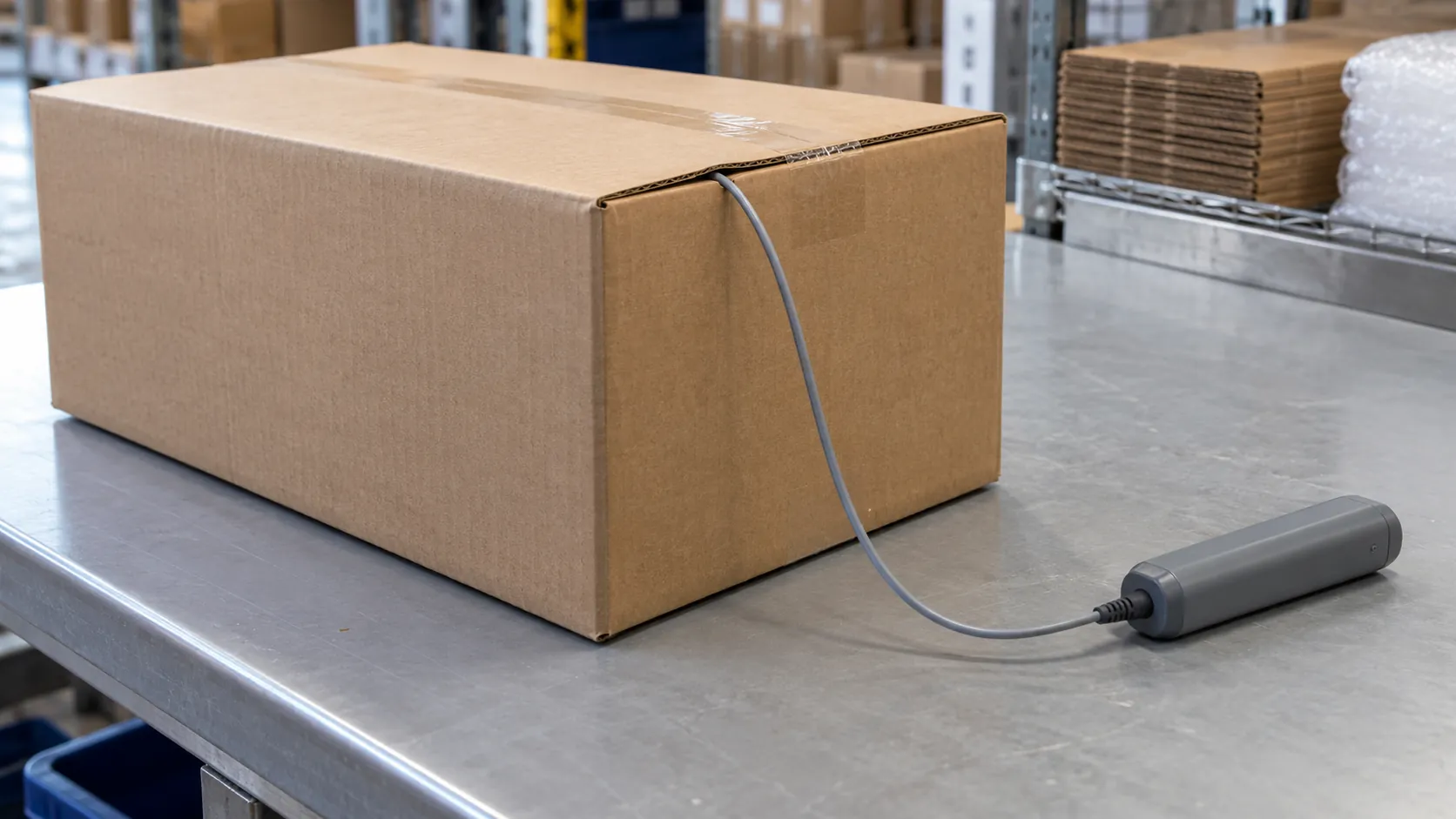 Closed carton with a sensor cable leaving the lid seam and a monitor resting on the bench