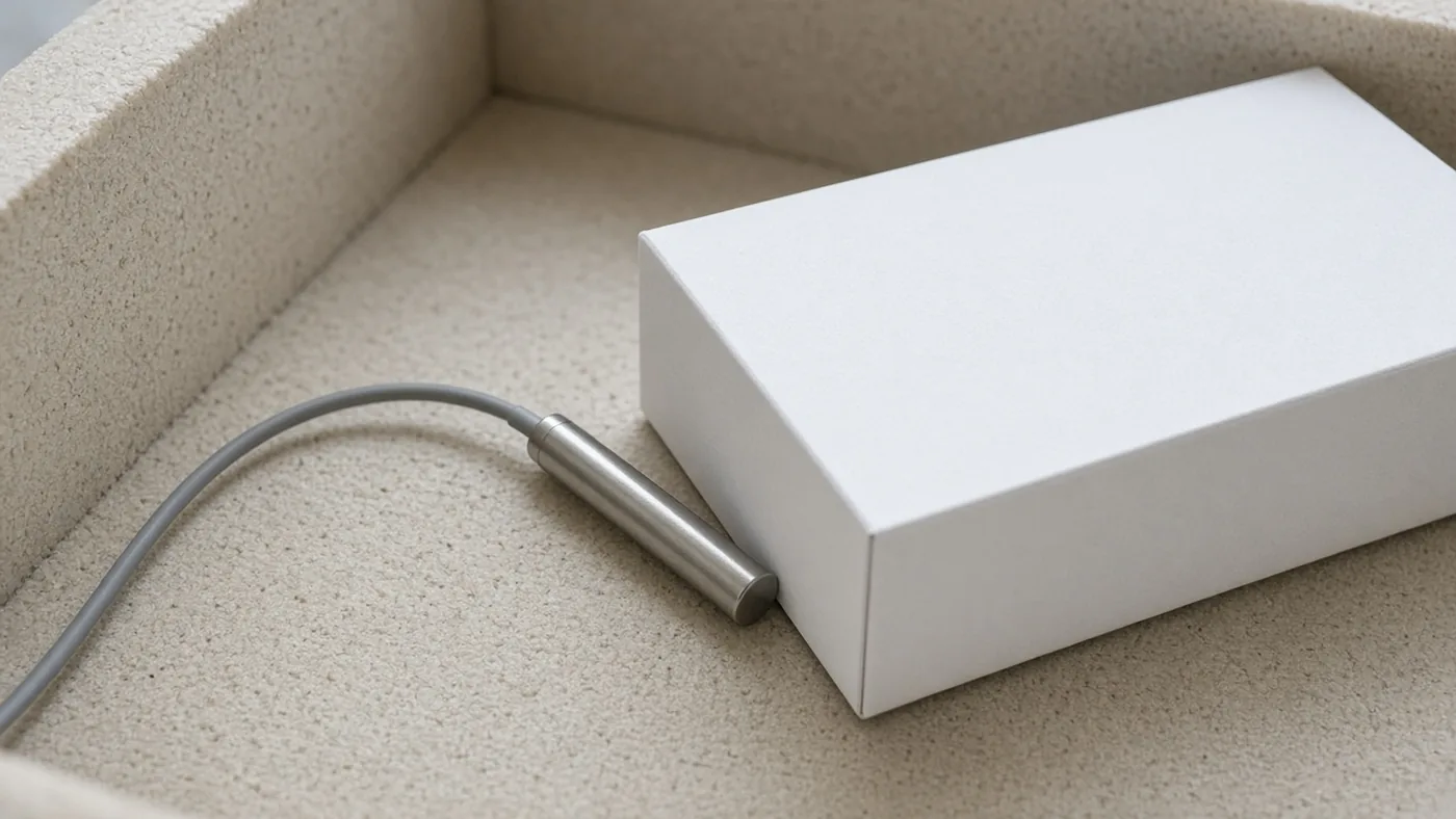 Metal probe lying against the outside of a product carton on insulation foam