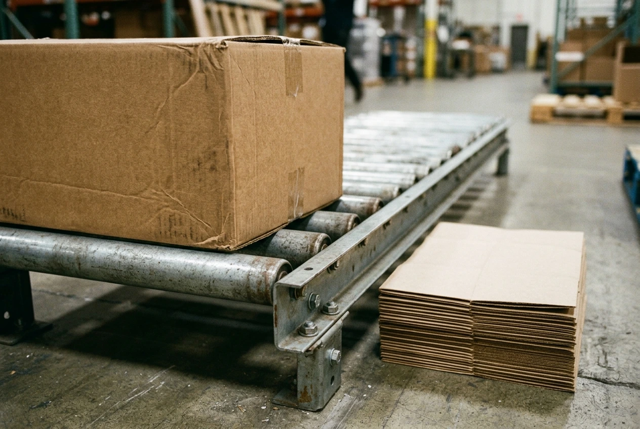Corrugated carton on a short roller conveyor beside folded carton blanks