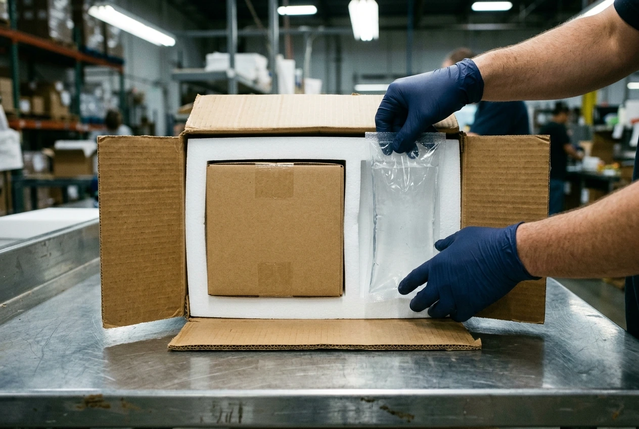 Open insulated carton and packout components at a packing bench