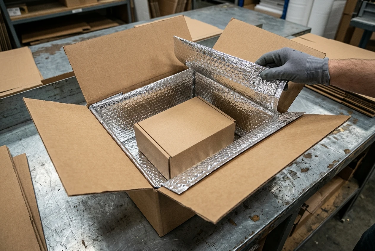 Open lined carton with a payload below the rim, an inner reflective flap held above it and separate outer carton flaps