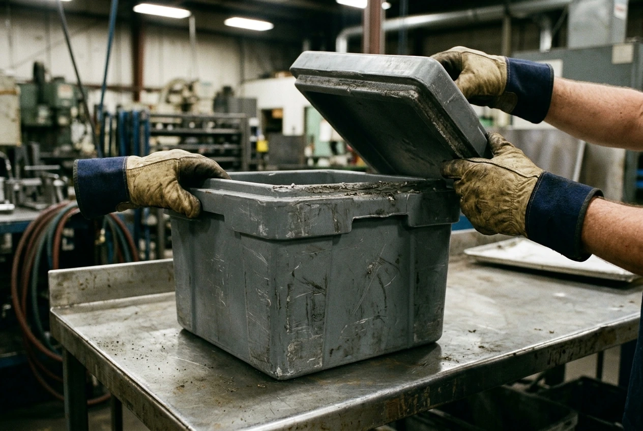 Gloved hands inspecting the rim and lid of a returned gray container