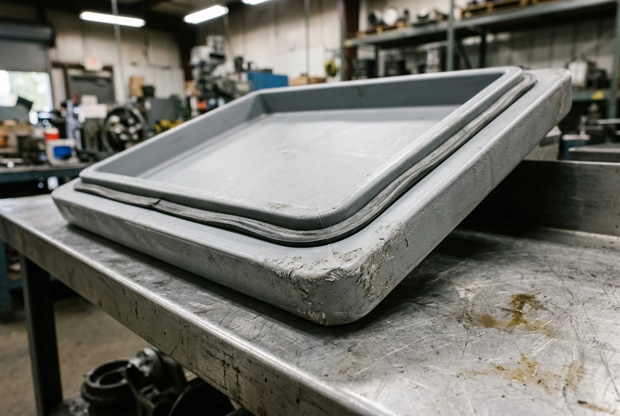 Scuffed gray insulated container lid with visible inner rim on a receiving bench